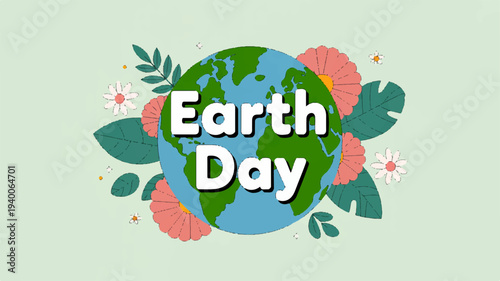 Earth day eco friendly banner with green globe colorful leaves flowers on light green background