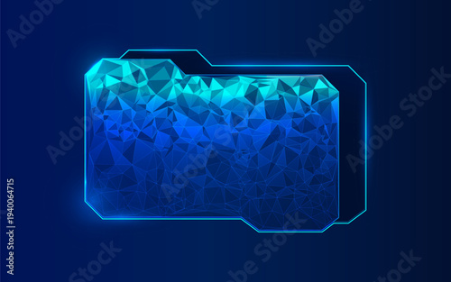 Glowing blue folder with geometric, faceted design