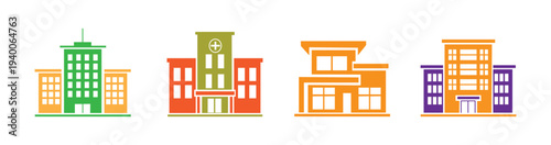 Colorful City Building Icons Collection – Office Tower, Hospital, Modern Home and Apartment Vector.