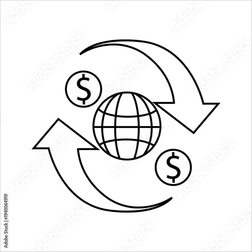 The global financial transaction or movement concept icon indicates international transfer features, currency rates, or trade data.