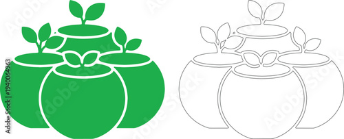 Green potted plants cluster silhouette and outline