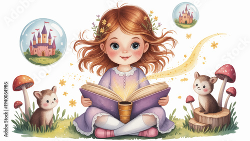 Whimsical illustration of a young girl reading a magical book surrounded by animals and fantasy elements in a dreamy landscape