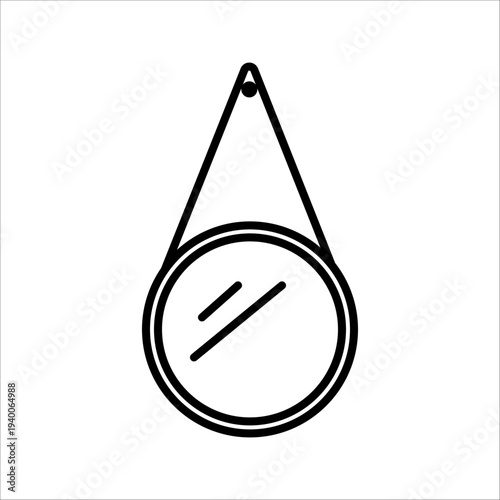 A clean and minimalist vector illustration of a round hanging wall mirror with a strap and mounting point. This black and white line art represents modern home decor, interior design elements, and fur