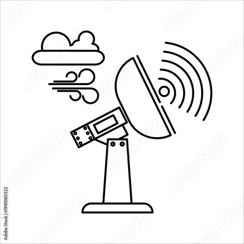 Modern weather station icon with satellite dish and wind symbol, flat vector design.