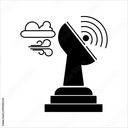 Black and white satellite dish icon with weather elements like clouds and wind, meteorology radar station symbol, vector illustration.