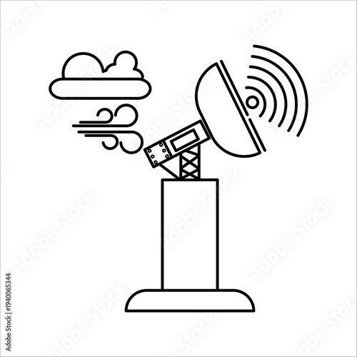 Modern weather station icon with satellite dish and wind symbol, flat vector design.