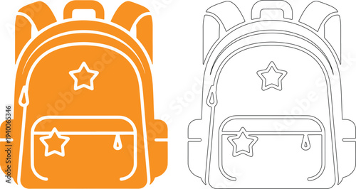 Orange and black silhouette of a backpack with stars