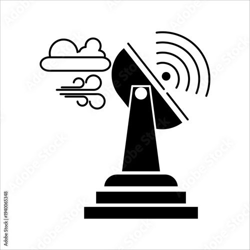 Doppler weather radar station icon with signal waves and wind clouds, black and white vector illustration.