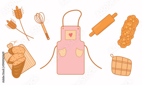 Bakery baking set with apron, rolling pin, bread and wheat