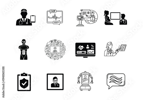 Healthcare technology icons featuring doctors, patients, medical equipment, and futuristic concepts.