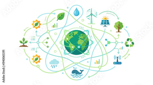 Global Environmental Network: Flat Design Illustration of Sustainability Data and Ecological Connections