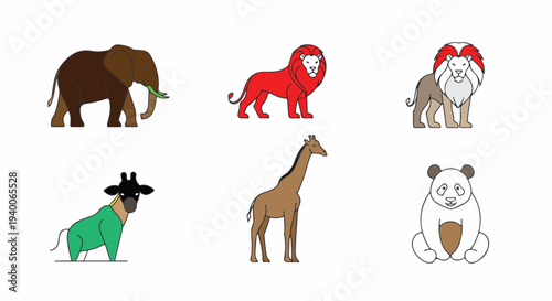 Canvas Print Cute Cartoon Wild Animals Set Illustration – Mammoth, Lion, Bulldog, Giraffe, Pa