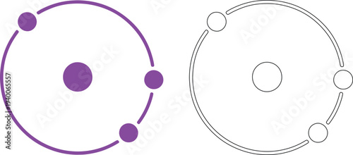 Purple atom model with orbiting particles and outline version