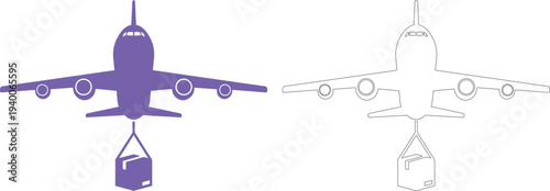 Purple cargo airplane silhouette carrying a box transport