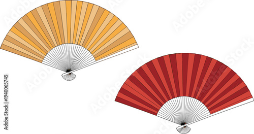 Traditional folding hand fan vector illustration set with orange and red colors isolated on white background for summer cooling fashion and oriental culture design.