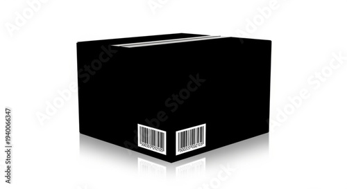 A black cardboard box with two barcodes on the front viewed from a slight angle on a reflective surface