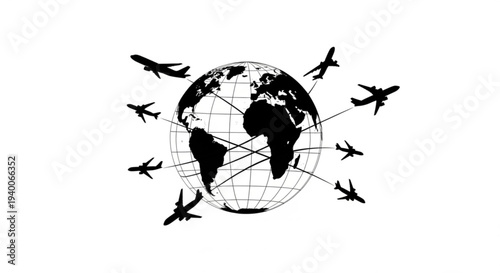 Airplanes flying around the globe illustration depicting global travel and transportation network