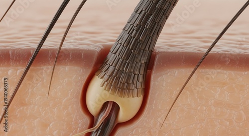 Close-up of a hair follicle with hair growth on skin surface.