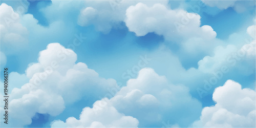A bright blue summer sky filled with fluffy white cumulus clouds creates a beautiful clear day in this sunny nature cloudscape