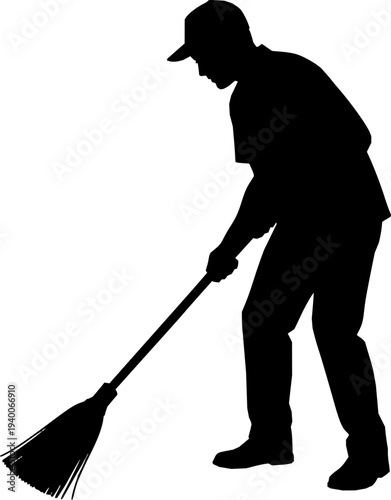 A black silhouette of a man wearing a cap sweeping the floor with a broom on transparent background