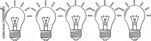 Light bulb outline icons with glowing idea concept electricity lamp innovation symbol vector set