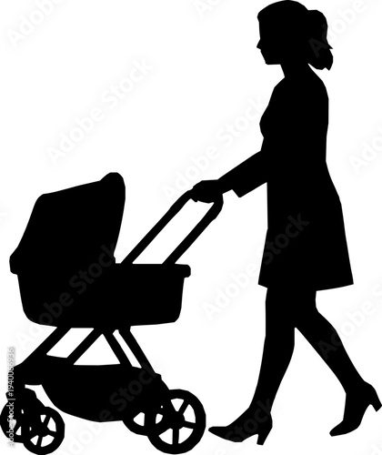 A silhouette of a woman pushing a baby stroller on transparent background