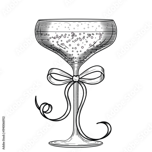 Wide coupe champagne glass, hand drawn vector illustration in line art style. Retro cabaret sparkling wine sketch. Flirty festive drink. Vintage engraving for bars and menus.