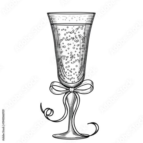 Tulip flute champagne glass hand-drawn vector illustration in line art style. Retro sparkling wine sketch. Flirty festive drink. Vintage engraving for bars and menus.