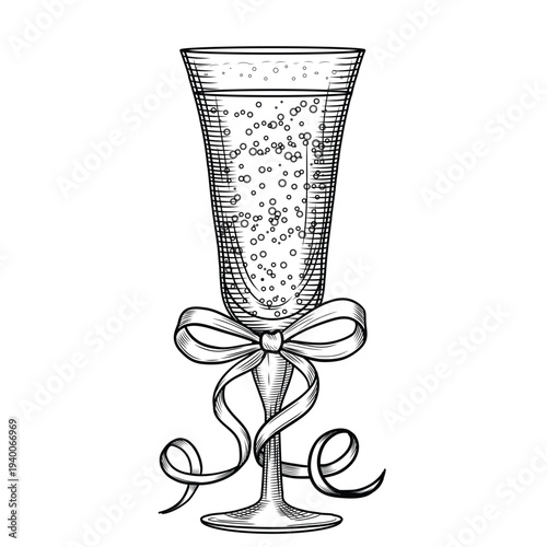 Tulip flute champagne glass hand-drawn vector illustration in line art style. Retro sparkling wine sketch. Flirty festive drink. Vintage engraving for bars and menus.