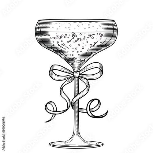 Wide coupe champagne glass, hand drawn vector illustration in line art style. Retro cabaret sparkling wine sketch. Flirty festive drink. Vintage engraving for bars and menus.