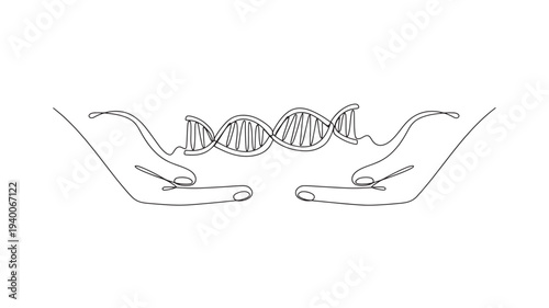 DNA helix held gently by open hands in a continuous line drawing style, representing science and care