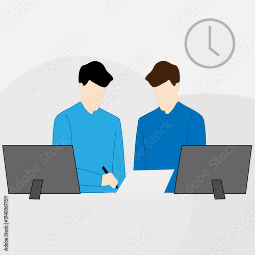 Stylized illustration of two individuals working together at a desk with computers and notes. Their shared focus symbolizes collaboration, connection, and productivity in a modern minimal style.