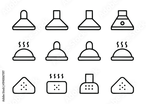Twelve black line icons showcasing various designs of kitchen exhaust hoods are arranged in a three-by-four grid on a white background.