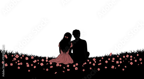 Vector illustration of a silhouette of a girl in a green dress dancing with a person in a park to celebrate family love and fun