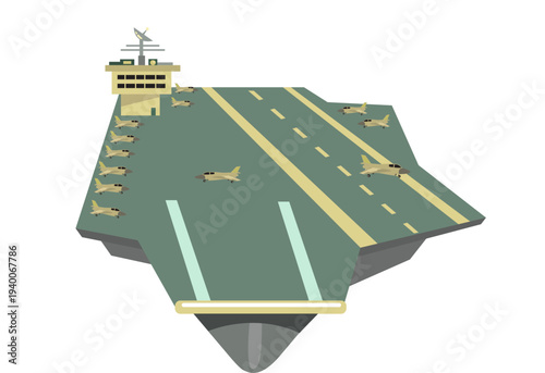 Massive aircraft carrier with jetfighters front view