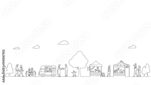 Market scene with people, food trucks, and stalls in a minimalist line art style featuring vendors, customers, family with children and walking