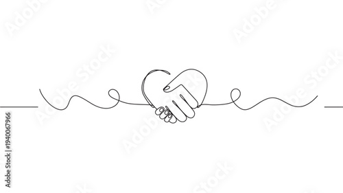Hands shaking forming heart shape with flowing lines, simple abstract design featuring handshake, love, connection with unity and friendship elements