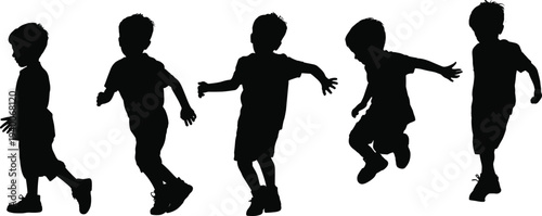 Children silhouettes running, jumping and playing in different poses, happy kids activity collection isolated on white background for childhood, education and playground themes