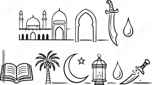 Hand-drawn black and white line art collection featuring traditional islamic religious and cultural symbols and elements.