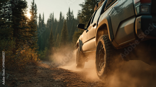 A white pickup truck drives on a dusty forest road