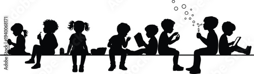 Children sitting silhouette collection on bench with reading, eating and using tablet poses, kids black silhouettes isolated for school, education and childhood design