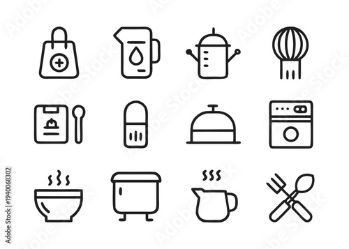 A collection of twelve black hand-drawn line icons featuring household items such as a washing machine and pots sits on a white background.