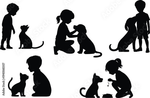 Children with pets silhouette collection isolated on white background, kids interacting with dogs and cats, friendship, animal care, childhood companionship lifestyle concept