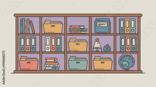 Flat vector art of a classroom bookshelf filled with office supplies and books in colorful folders