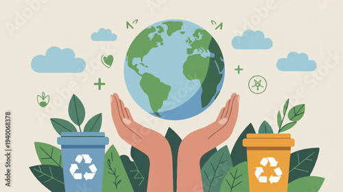 Hands holding earth with recycling bins and green leaves symbolizing eco friendly planet protection concept