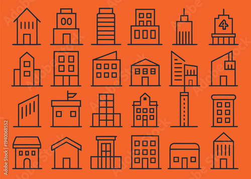 Twenty four charcoal gray building icons on a bright orange background.
