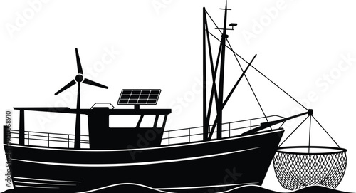 Commercial fishing boat silhouette with net, wind turbine and solar panel, modern sustainable fishing vessel illustration isolated on white background for marine industry