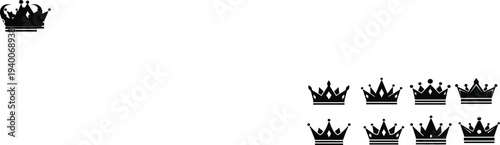 Collection of seven black silhouette crowns on white background