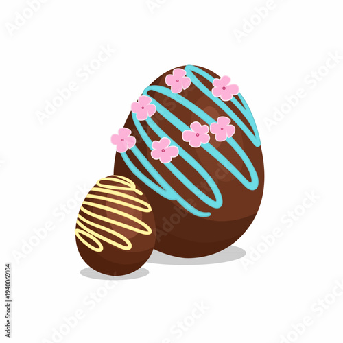 Pair of Decorative Chocolate Easter Eggs with Floral Icing and Colorful Sugar Sprinkles.