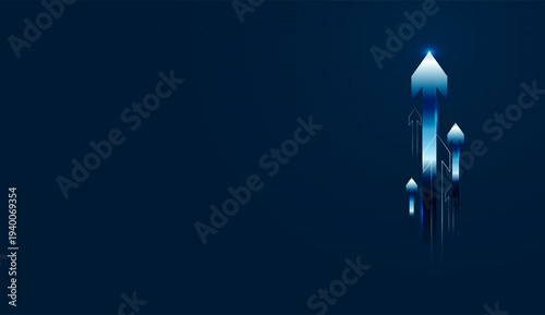 A set of Arrow up movement. Analytics concept on dark background. Business investment growth concept and Bright Grow arrows rise sharply against a dark digital grid